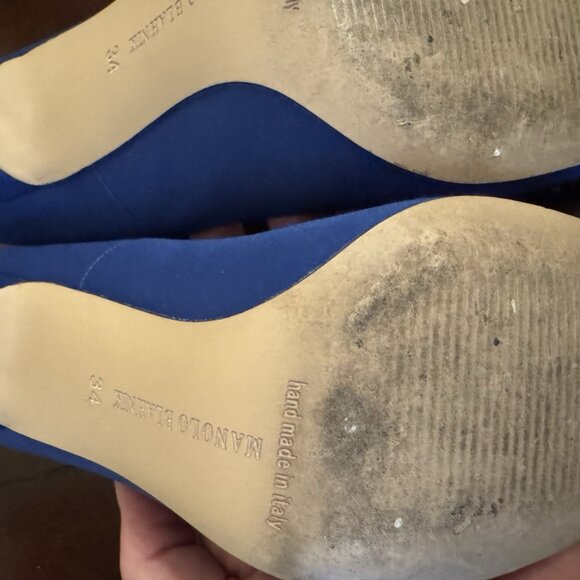 Manolo Blahnik Blue Satin Hangisi Crystal Buckle Pointed Toe Pumps - Picture 13 of 15